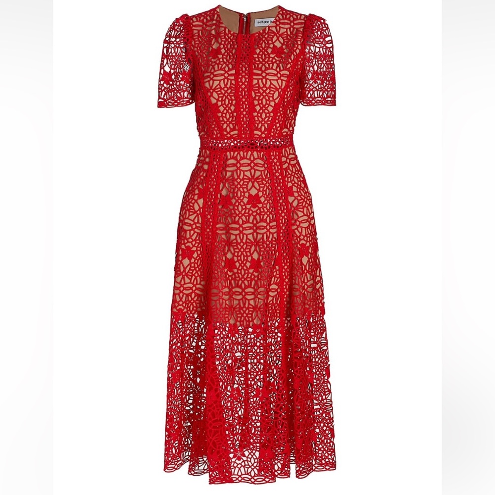 Self-Portrait Guipure lace short-sleeve midi dress RED 2